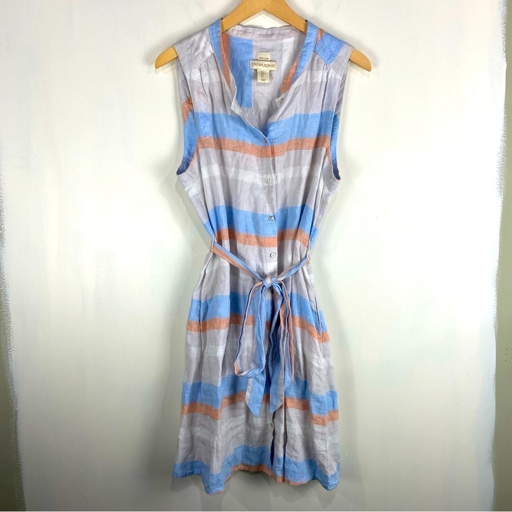 Cynthia Rowley 100% Linen Tie Waist Button Up‎ Tank Top Shirt Midi Dress Large